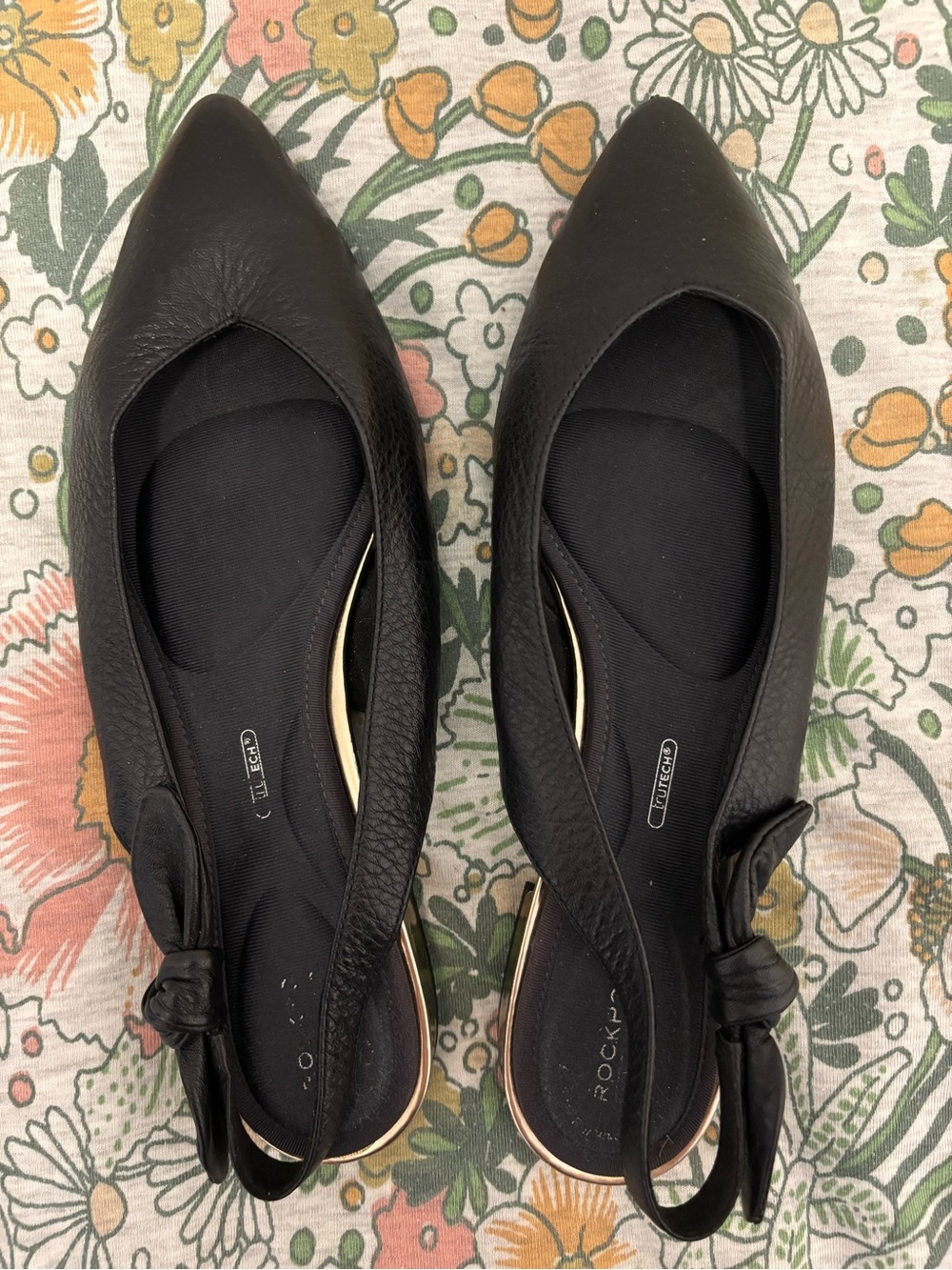 Rockport Black Pointed Slingback Flats with Bow Accent